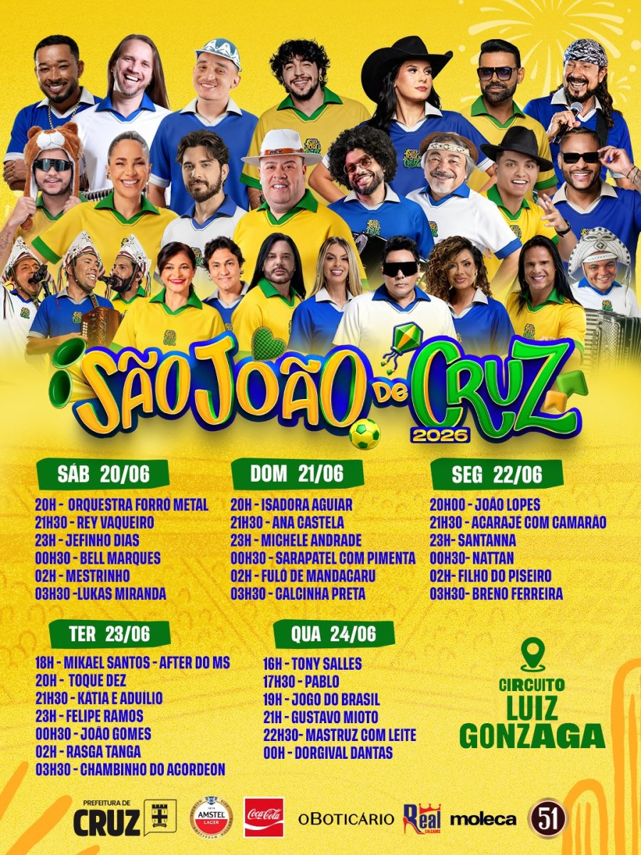 Confira a programação completa do São João de Cruz. 