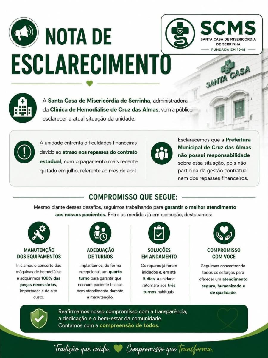 A gestão da clínica de hemodiálise de Cruz das Almas divulga nota de esclarecimento .