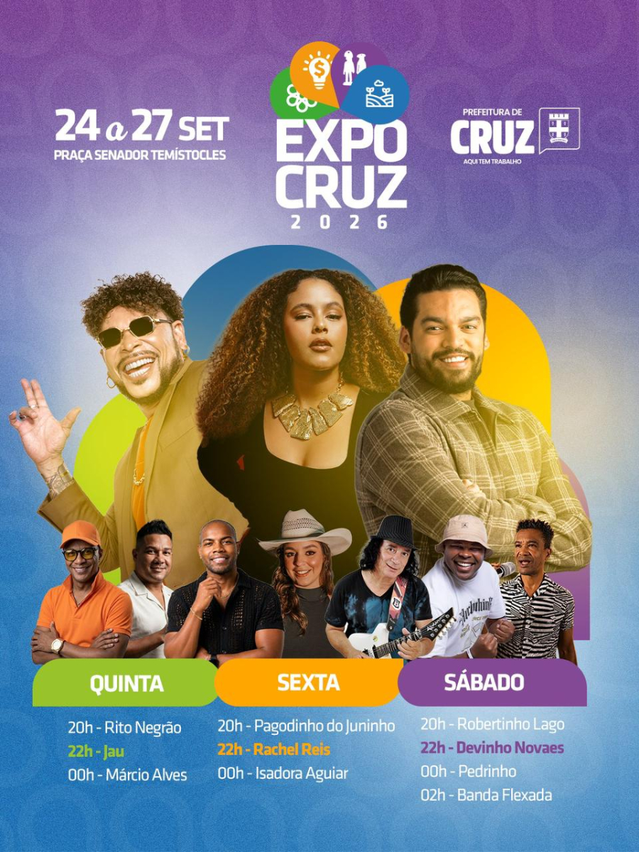 *Prefeitura de Cruz anuncia Jau, Rachel Reis e Devinho Novaes como atrações da ExpoCruz 2026.